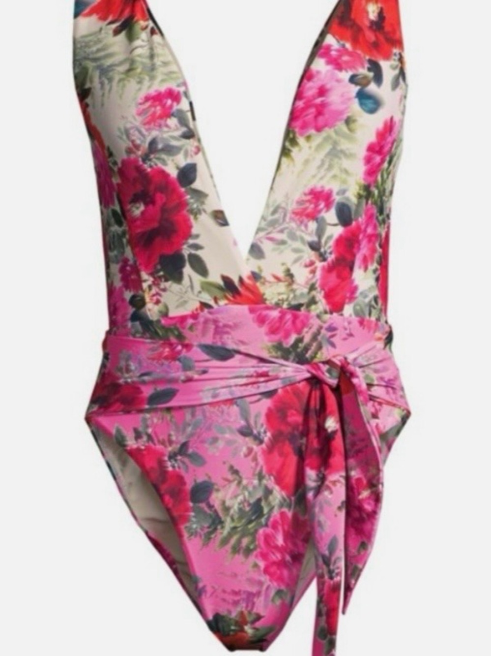 Floral Pink Deep V One-Piece Swimsuit